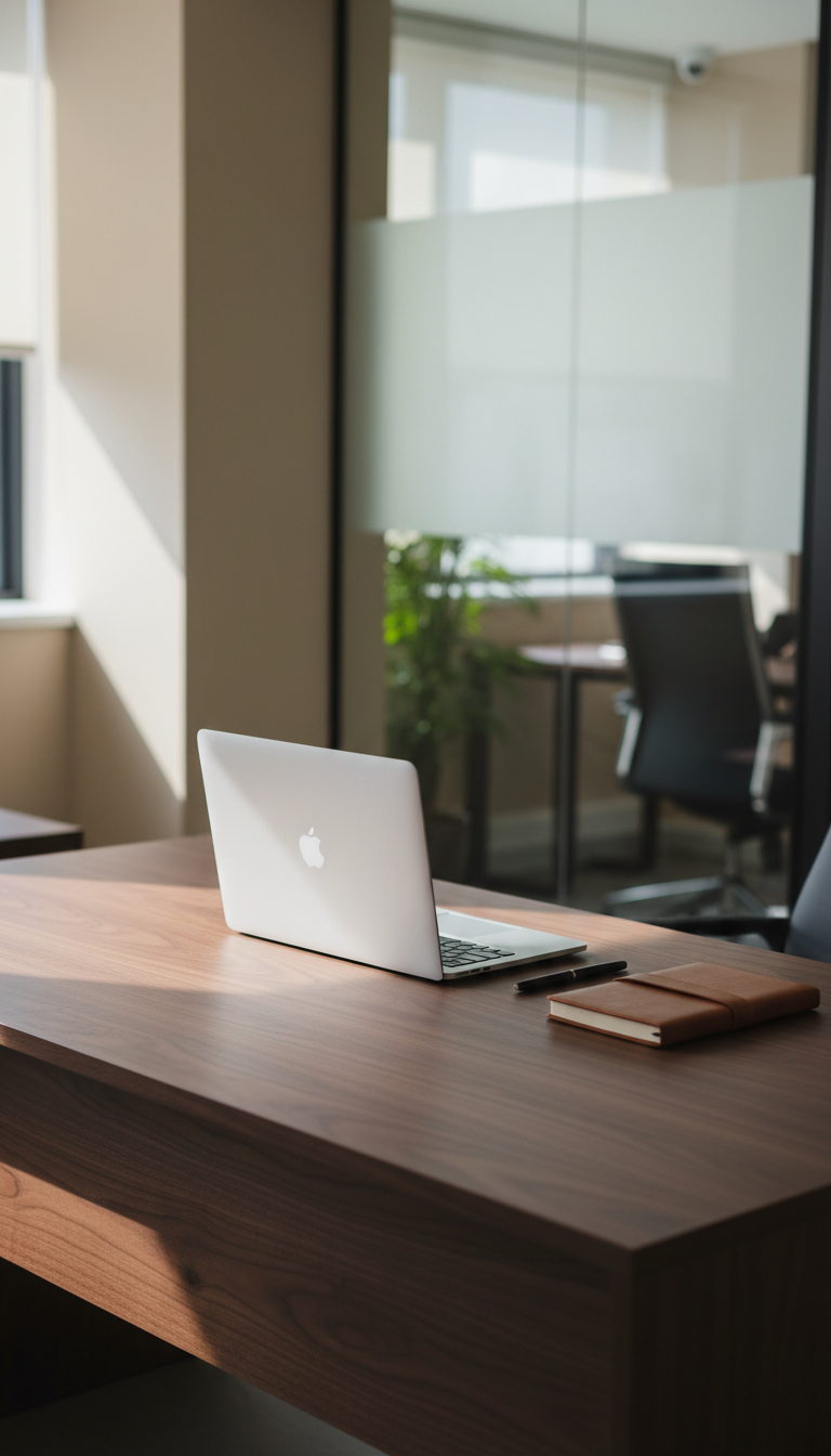 A meticulously organized workspace featuring a minimalist, dark walnut desk with clean lines and a matte finish, neatly arranged with a silver laptop, a closed leather-bound notebook, and a sleek black pen. The desk sits in a modern office environment with a backdrop of neutral-toned walls and a subtle glass partition. Soft natural daylight pours in from an unseen source, casting diffuse, gentle shadows that highlight the textures of the materials. The atmosphere is calm and focused, suggesting productivity and professionalism. Photographed from an eye-level angle with balanced composition and sharp focus throughout, the scene has a structured, corporate aesthetic ideal for a sales coaching business site.