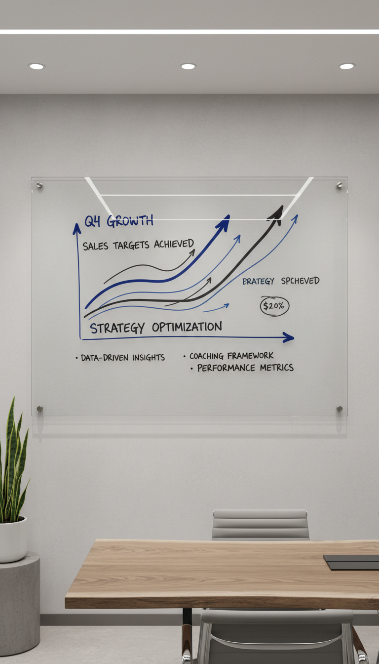 An elegant high-end glass whiteboard mounted precisely on a light grey wall, with clean, legible charts and growth graphs drawn in blue and black marker, symbolizing data-driven progress. Around the whiteboard, neutral-toned surroundings and minimalist decor underscore a refined, corporate feel. Cool diffused overhead lighting ensures clarity and even illumination, minimizing glare while enhancing readability. The shot is taken from a slightly elevated angle, with the whiteboard perfectly centered and the composition emphasizing symmetry, reinforcing a mood of structured success and professionalism related to sales coaching strategy.