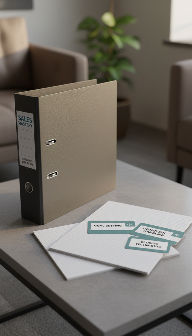 A close-up of a neatly stacked set of crisp, custom-designed sales coaching materials including a matte charcoal binder, graph paper, and branded index cards, all arranged on a smooth stone coffee table. The surface is uncluttered and bathed in soft afternoon light streaming through a shaded office window, creating gentle highlights on the edges of the paper and binder. The background is softly blurred, focusing attention on the tactile materials. The photograph employs shallow depth of field with a subtle rule-of-thirds layout, cultivating an atmosphere of preparation, clarity, and professional growth.